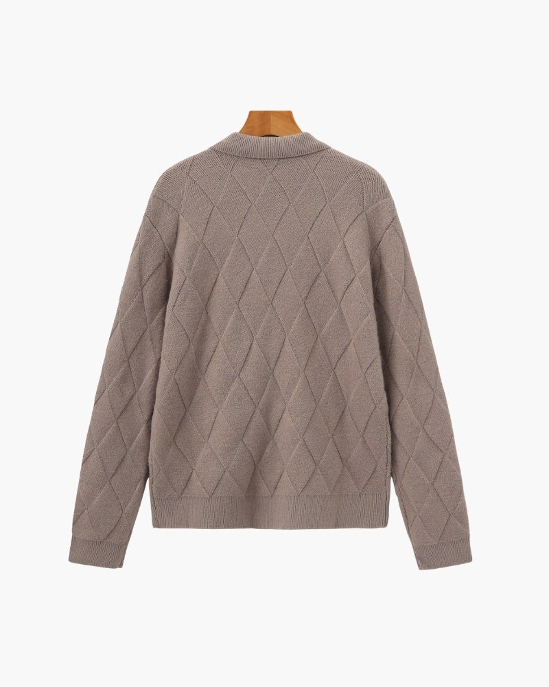 Men's Diamond-Pattern Zip Cardigan With a Collar - Mocha