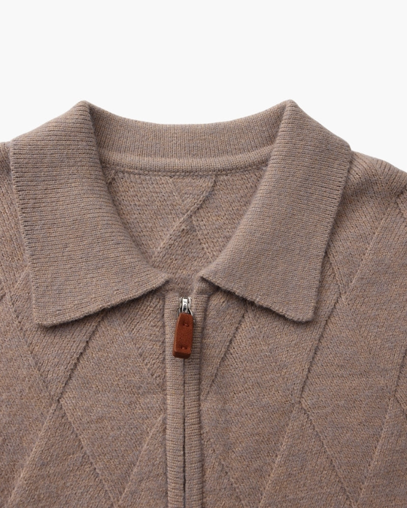 Men's Diamond-Pattern Zip Cardigan With a Collar - Mocha
