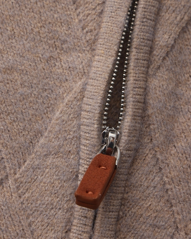 Men's Diamond-Pattern Zip Cardigan With a Collar - Mocha