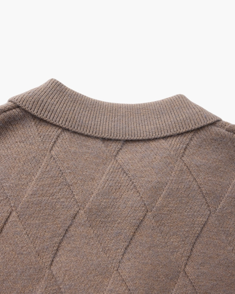 Men's Diamond-Pattern Zip Cardigan With a Collar - Mocha