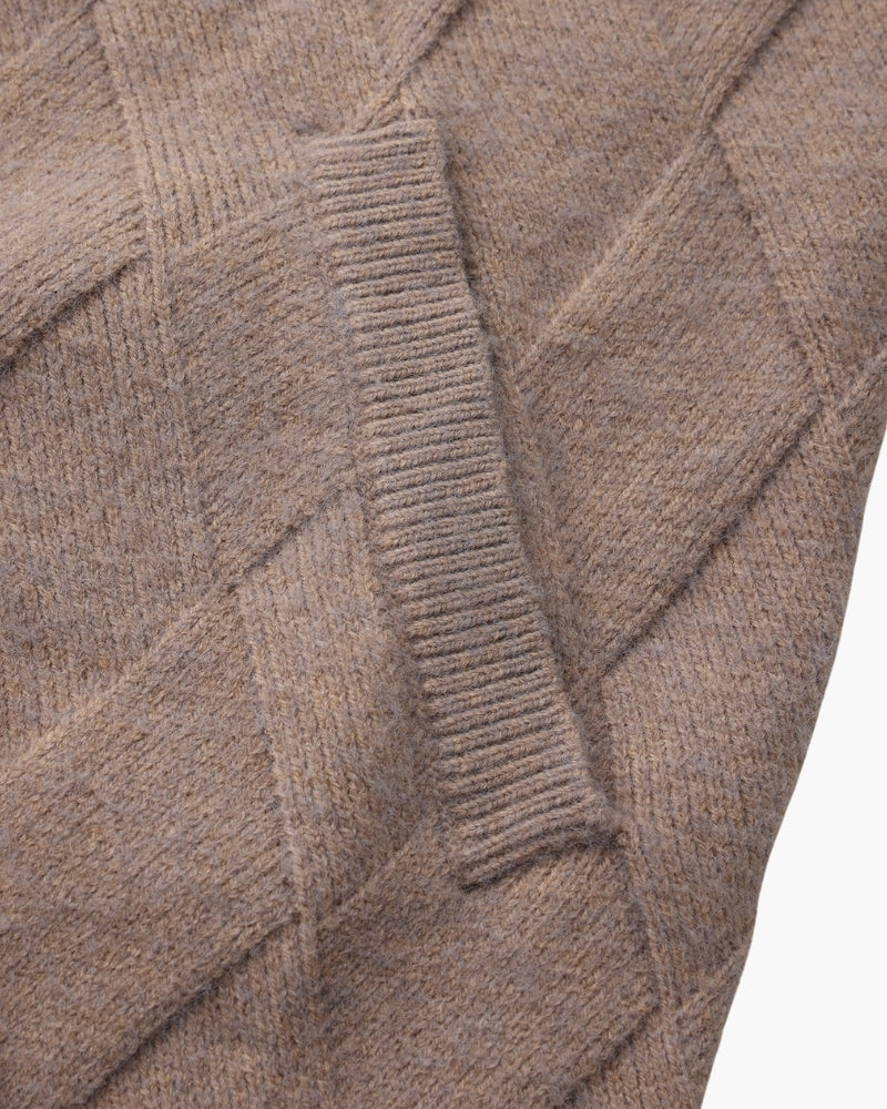 Men's Diamond-Pattern Zip Cardigan With a Collar - Mocha