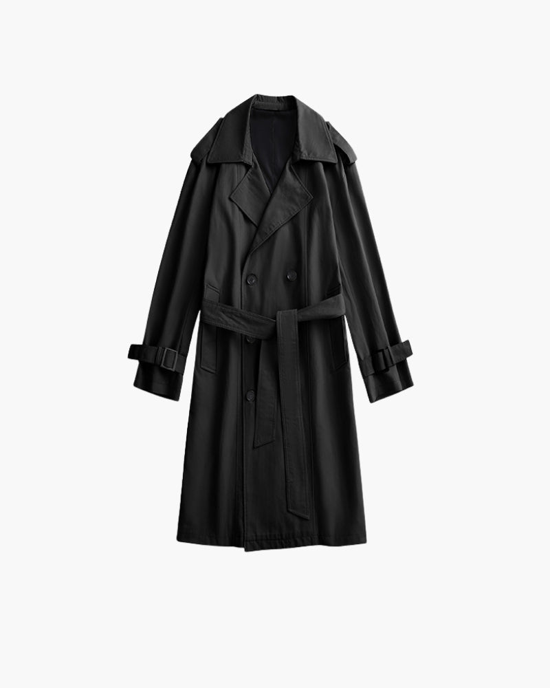 Men's Double-Breasted Trench Coat With a Tie Belt - Black
