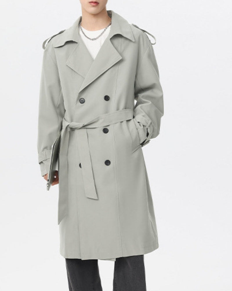 Men's Double-Breasted Trench Coat With a Tie Belt - Green