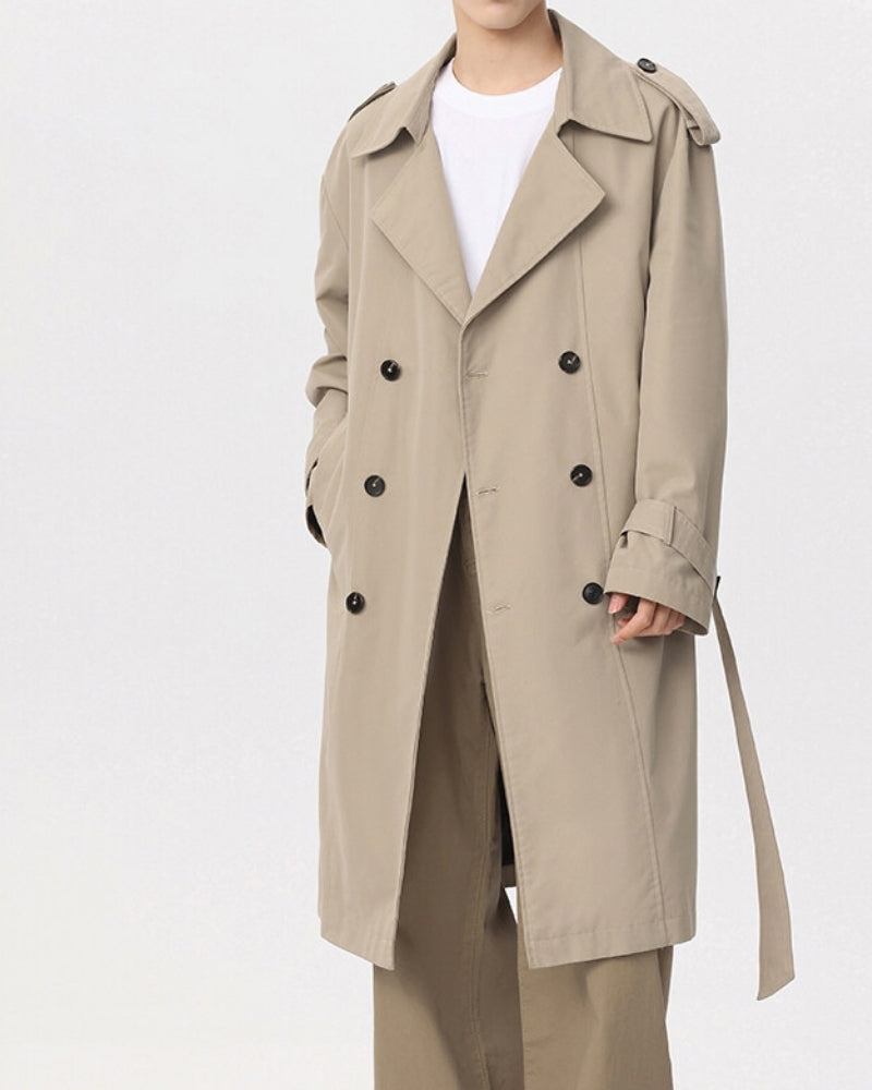 Men's Double-Breasted Trench Coat With a Tie Belt - Beige