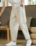Men's Drawstring Trousers With Tapered Open Hems - Beige