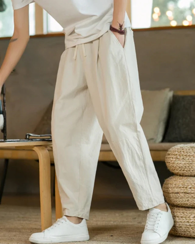 Men's Drawstring Trousers With Tapered Open Hems - Beige