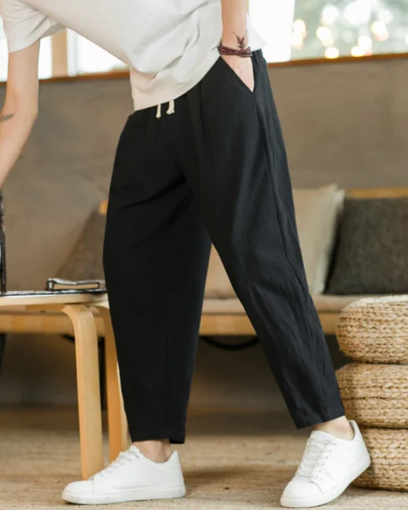 Men's Drawstring Trousers With Tapered Open Hems - Black