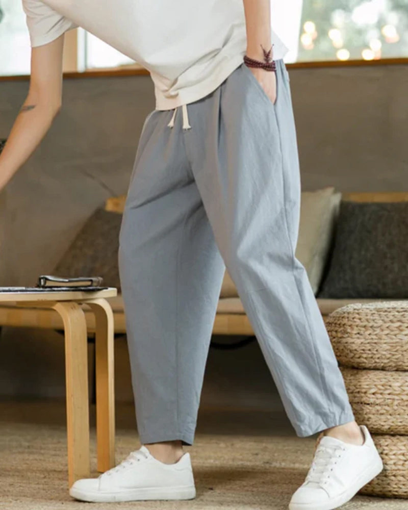 Men's Drawstring Trousers With Tapered Open Hems - Light Gray