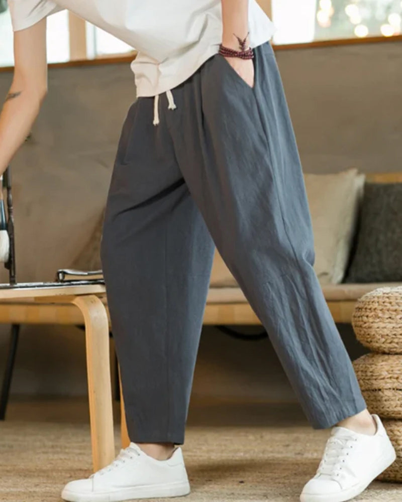Men's Drawstring Trousers With Tapered Open Hems - Dark Gray