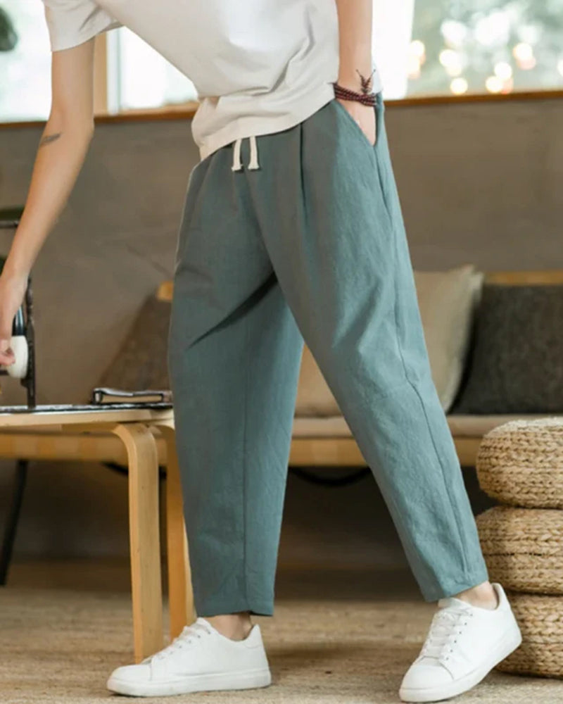 Men's Drawstring Trousers With Tapered Open Hems - Green