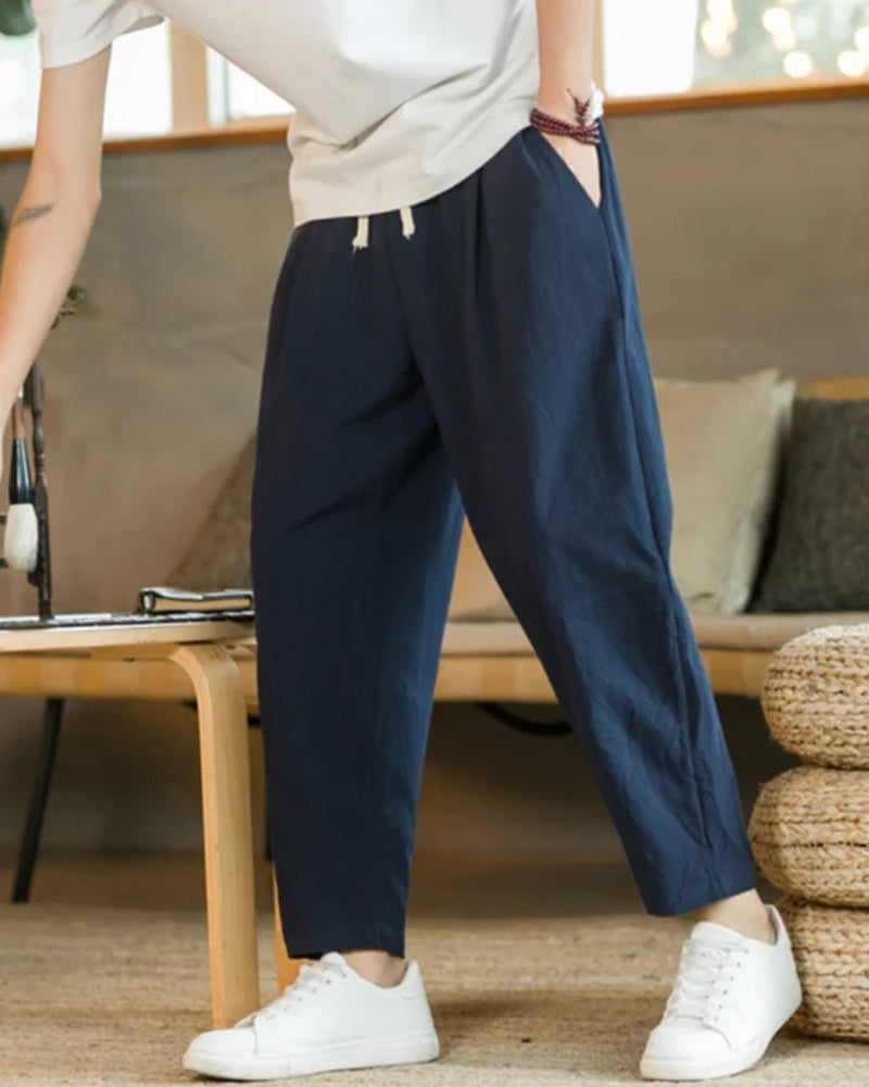 Men's Drawstring Trousers With Tapered Open Hems - Marine