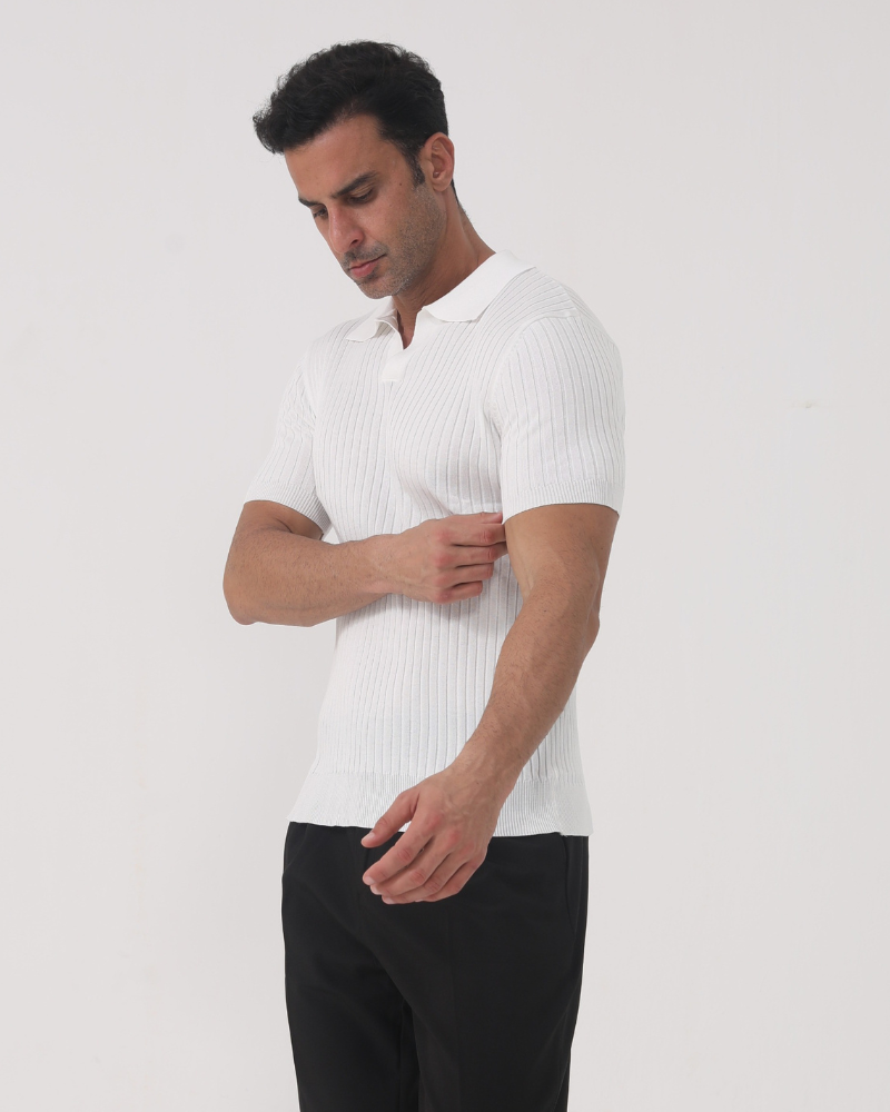 Men's Fine-Rib Short-Sleeve Polo With an Open Neck - White