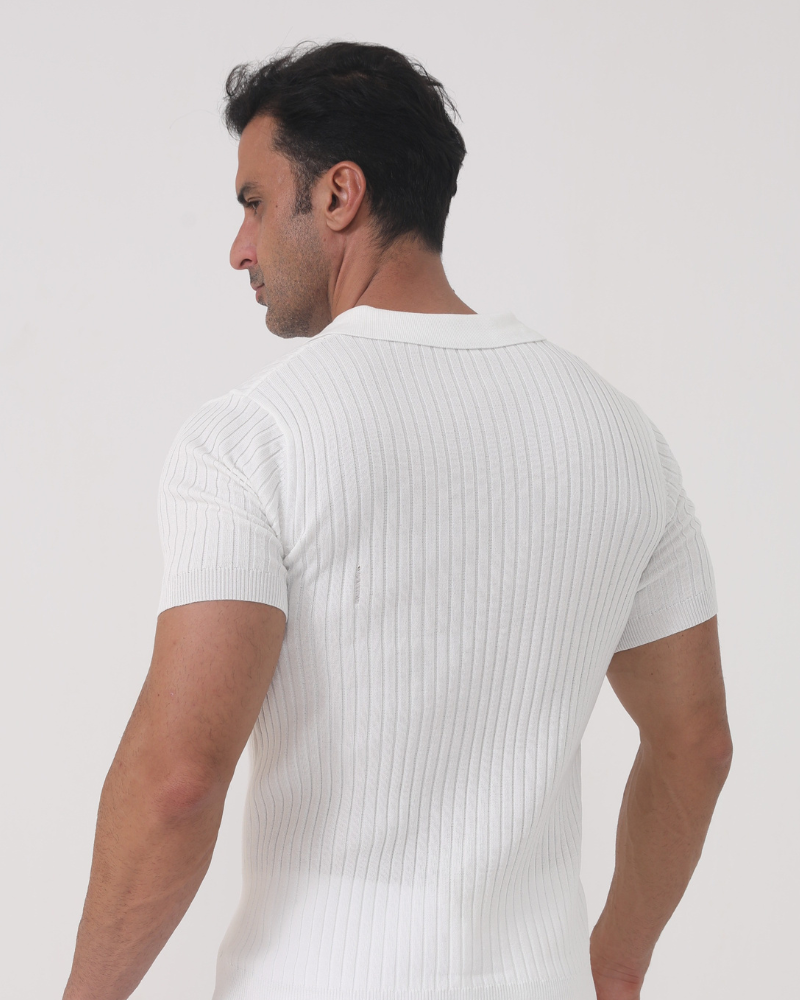 Men's Fine-Rib Short-Sleeve Polo With an Open Neck - White