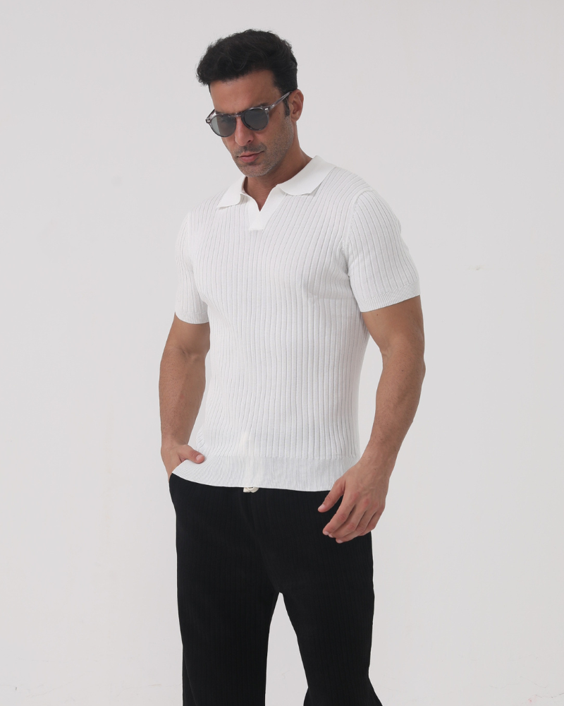 Men's Fine-Rib Short-Sleeve Polo With an Open Neck - White