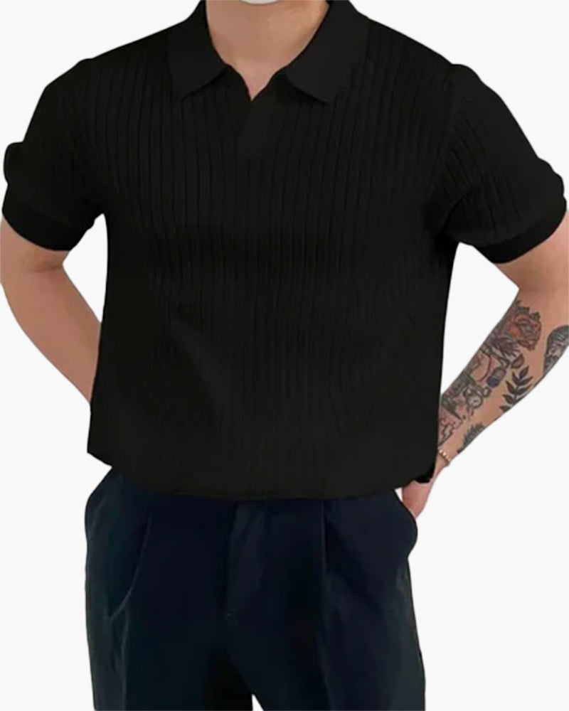 Men's Fine-Rib Short-Sleeve Polo With an Open Neck - Black