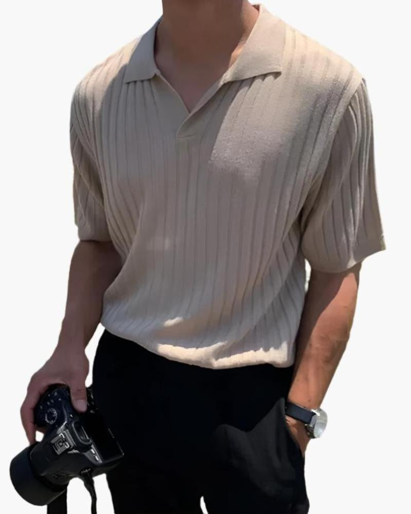 Men's Fine-Rib Short-Sleeve Polo With an Open Neck - Beige
