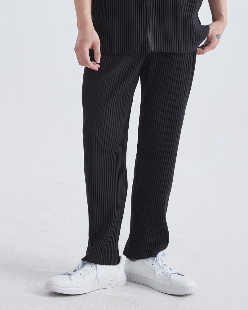 Men's Fine-Rib Straight Trousers With Open Ankle Hems - Black
