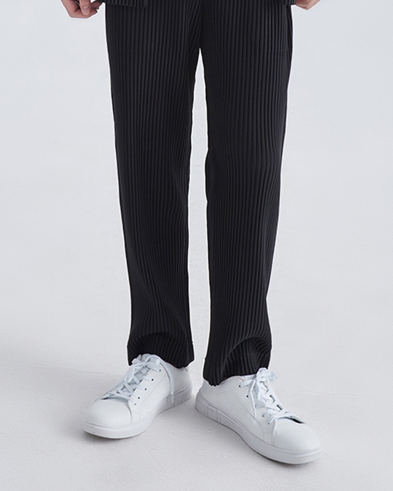 Men's Fine-Rib Straight Trousers With Open Ankle Hems - Black