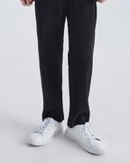 Men's Fine-Rib Straight Trousers With Open Ankle Hems - Black