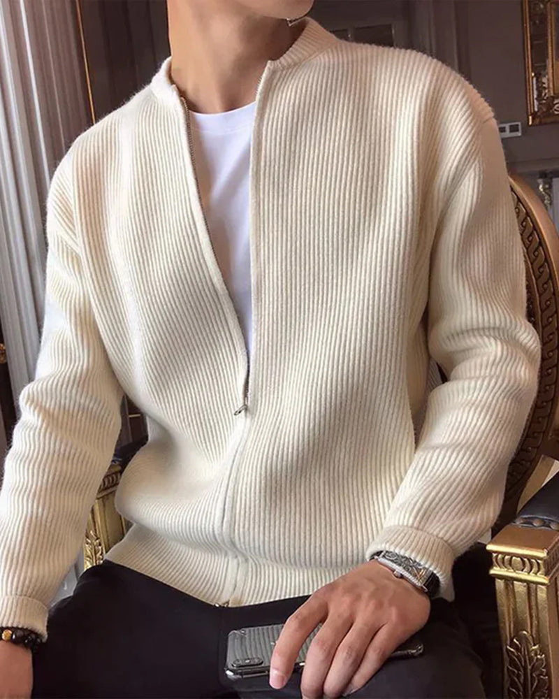 Men's Fine-Texture Zip Cardigan With a Round Neck - Nude
