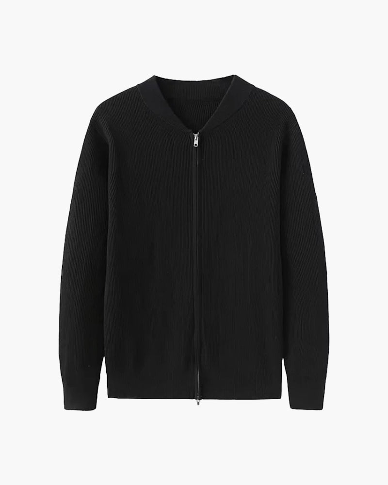 Men's Fine-Texture Zip Cardigan With a Round Neck - Black