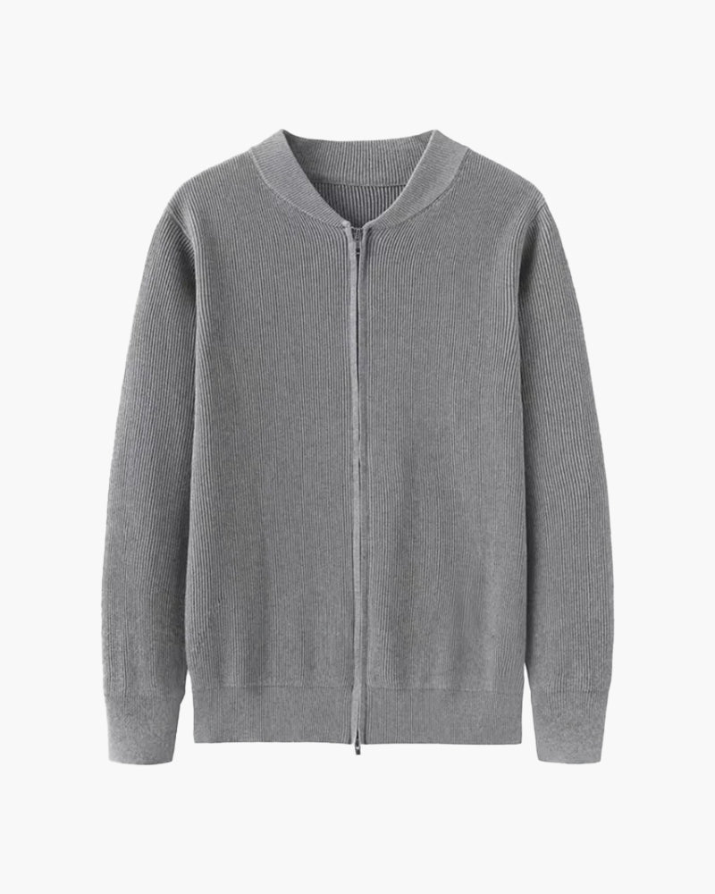Men's Fine-Texture Zip Cardigan With a Round Neck - Gray