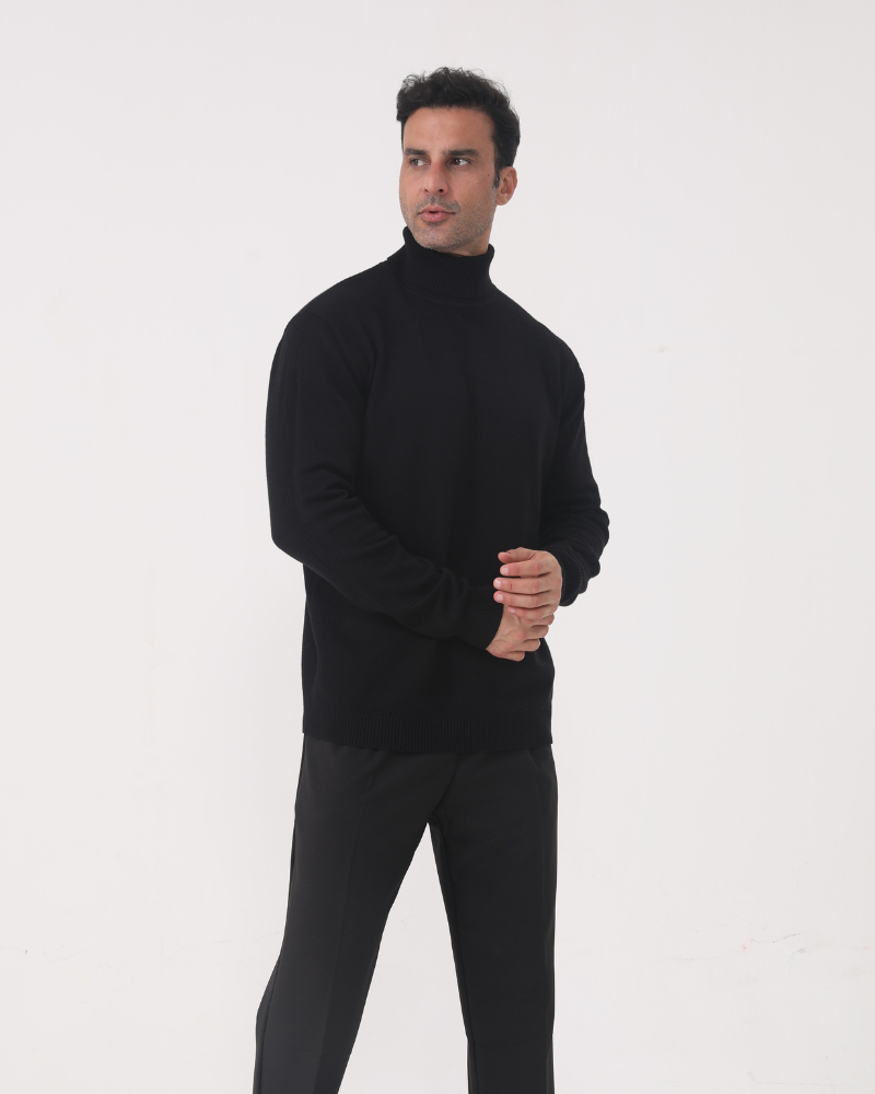 Men's Folded Turtleneck Sweater With Narrow Cuffs - Black