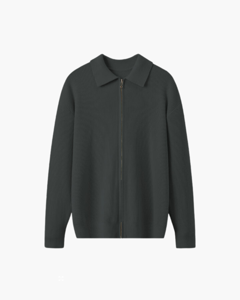 Men's Full-Zip Ribbed Cardigan With a Pointed Collar - Gray