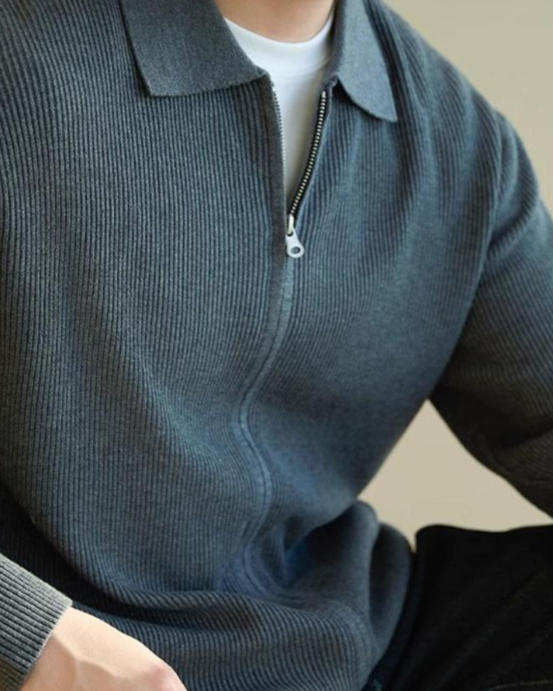 Men's Full-Zip Ribbed Cardigan With a Pointed Collar - Gray
