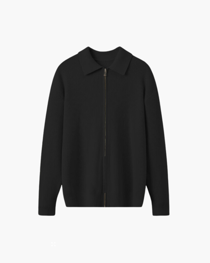 Men's Full-Zip Ribbed Cardigan With a Pointed Collar - Black