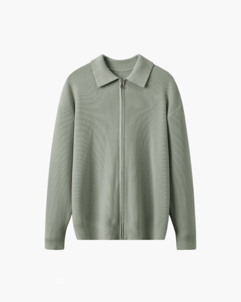 Men's Full-Zip Ribbed Cardigan With a Pointed Collar - Green