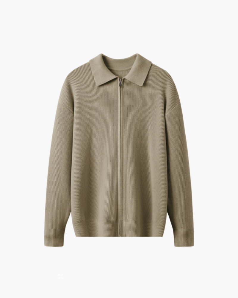 Men's Full-Zip Ribbed Cardigan With a Pointed Collar - Beige
