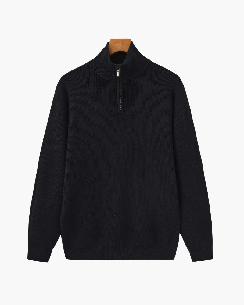 Men's Half-Zip Sweater With a Ribbed Stand Collar - Black