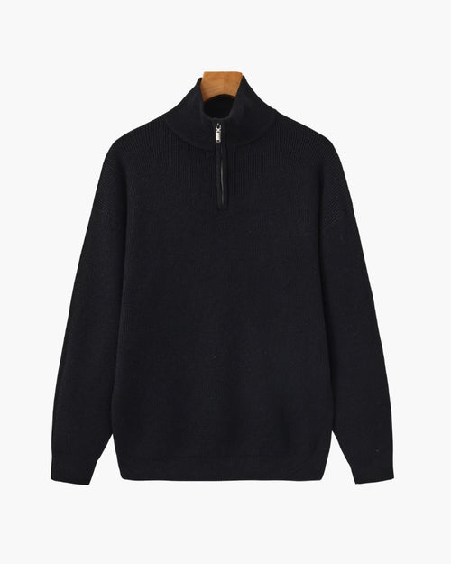 Men's Half-Zip Sweater With a Ribbed Stand Collar - Black