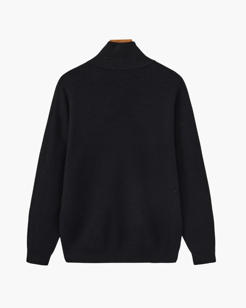 Men's Half-Zip Sweater With a Ribbed Stand Collar - Black
