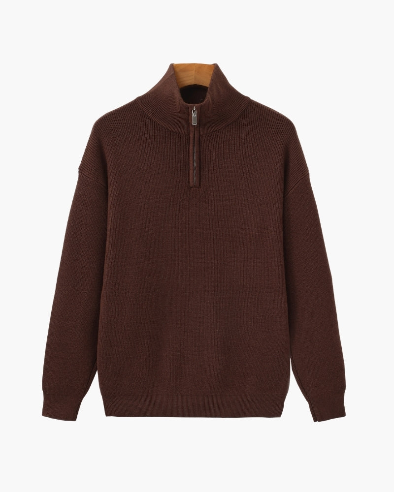 Men's Half-Zip Sweater With a Ribbed Stand Collar - Burgundy
