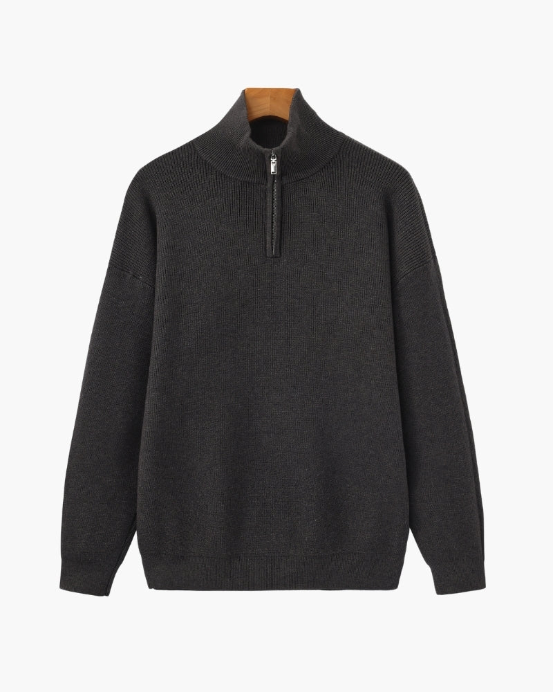 Men's Half-Zip Sweater With a Ribbed Stand Collar - Dark Gray