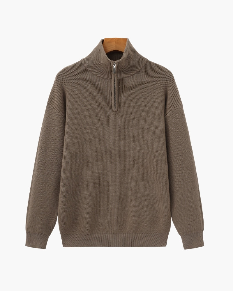 Men's Half-Zip Sweater With a Ribbed Stand Collar - Brown
