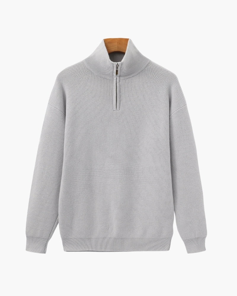 Men's Half-Zip Sweater With a Ribbed Stand Collar - Gray