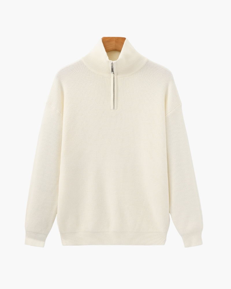 Men's Half-Zip Sweater With a Ribbed Stand Collar - Ivory
