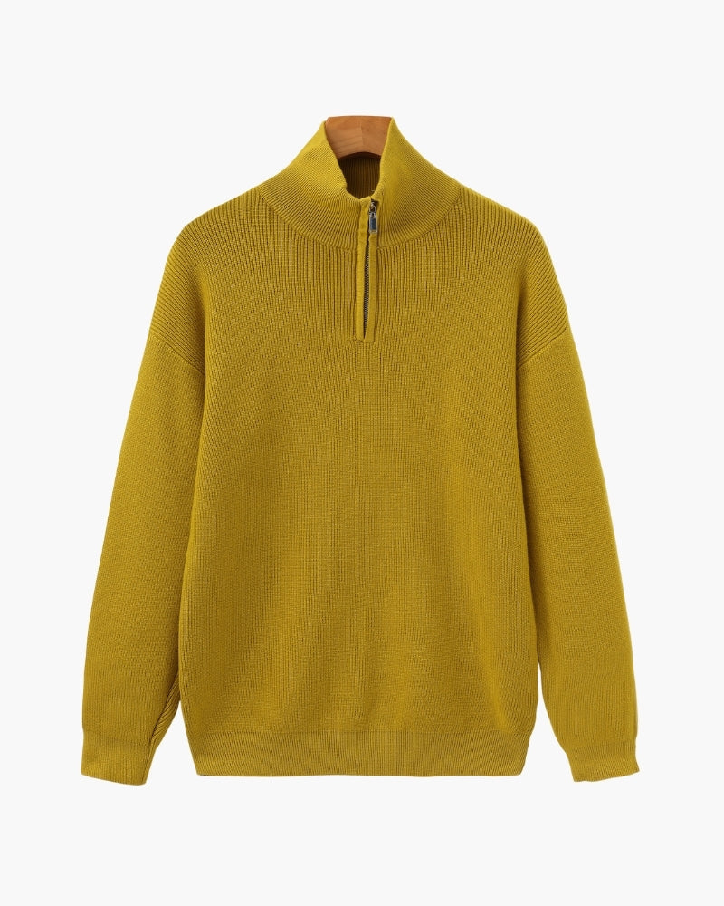 Men's Half-Zip Sweater With a Ribbed Stand Collar - Yellow