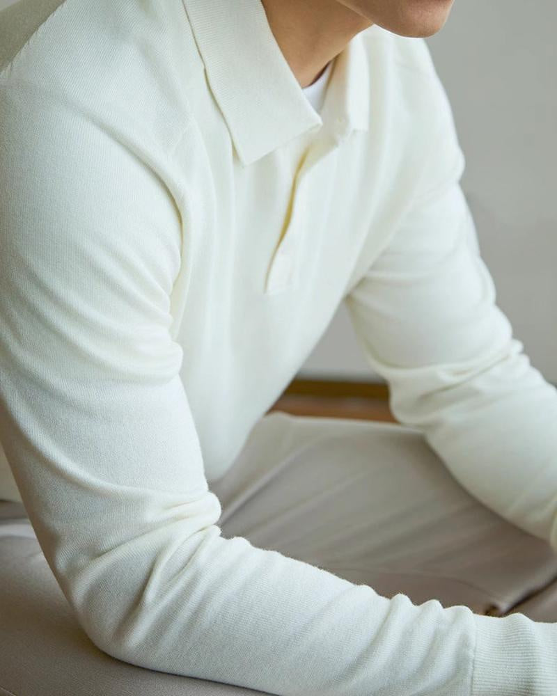 Men's Long-Sleeve Button Polo With a Ribbed Collar - White