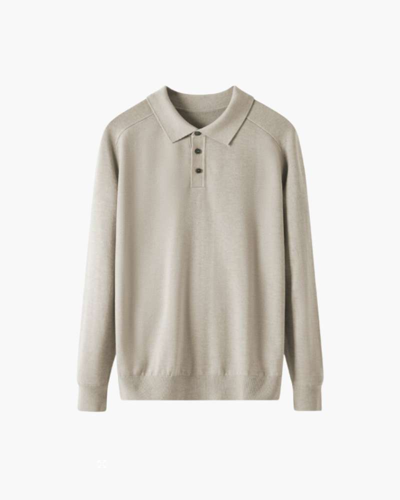 Men's Long-Sleeve Button Polo With a Ribbed Collar - Beige