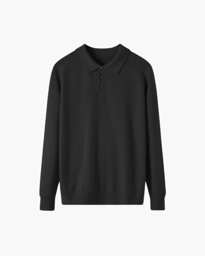 Men's Long-Sleeve Button Polo With a Ribbed Collar - Black