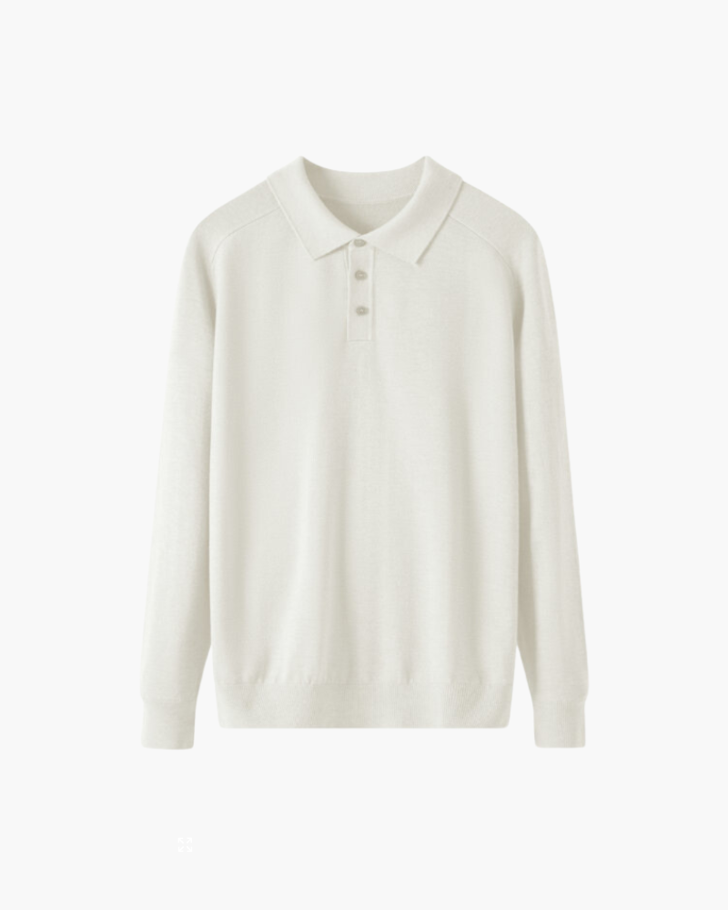 Men's Long-Sleeve Button Polo With a Ribbed Collar - White