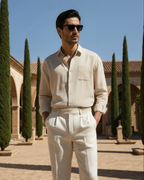 Men's Long-Sleeve Button Shirt With a Chest Pocket - Beige