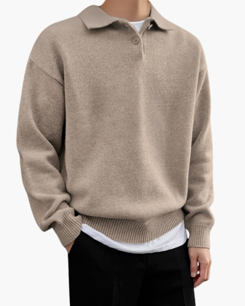 Men's Long-Sleeve Button Sweater With a Wide Collar - Beige