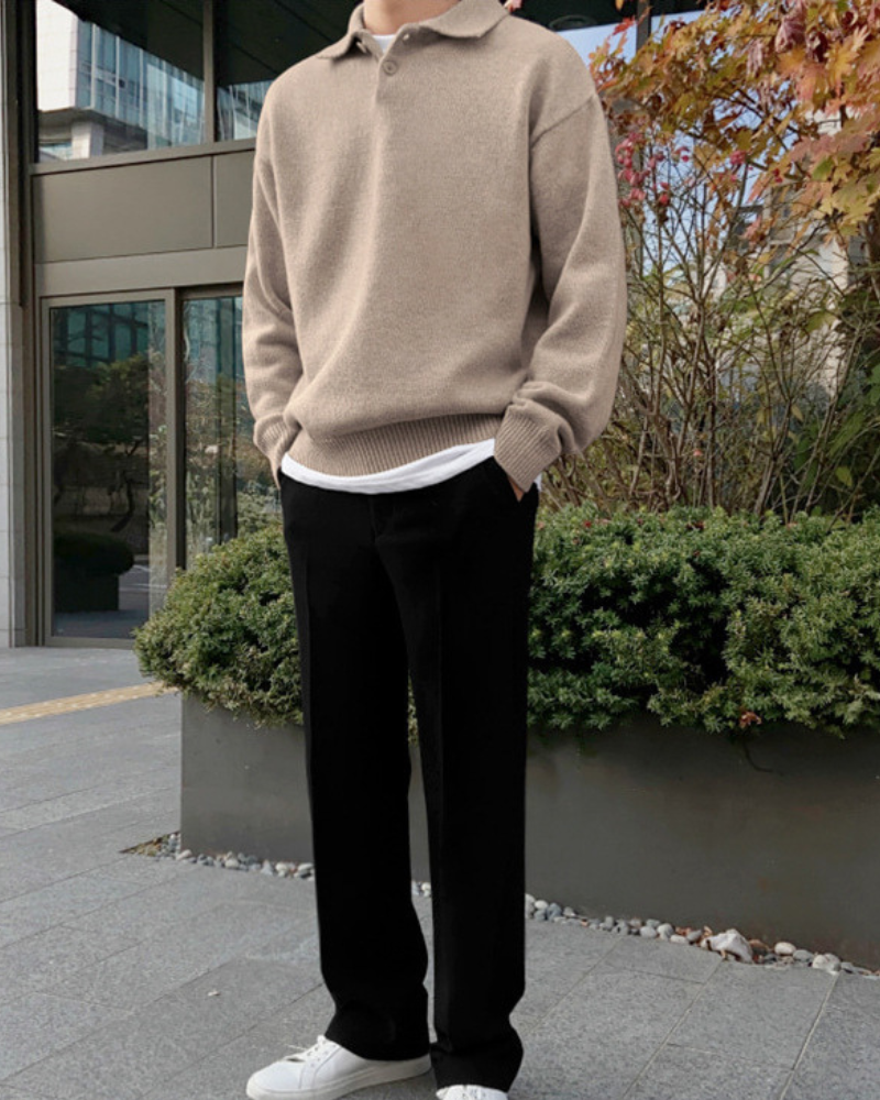 Men's Long-Sleeve Button Sweater With a Wide Collar - Beige