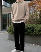 Men's Long-Sleeve Button Sweater With a Wide Collar - Beige