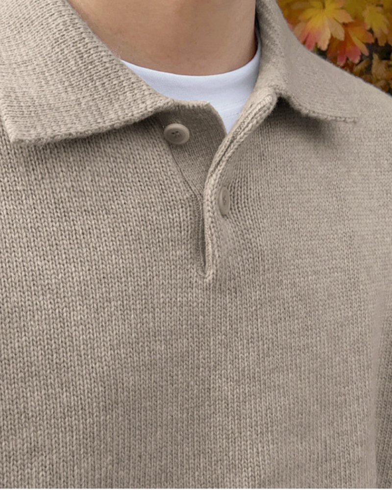 Men's Long-Sleeve Button Sweater With a Wide Collar - Beige